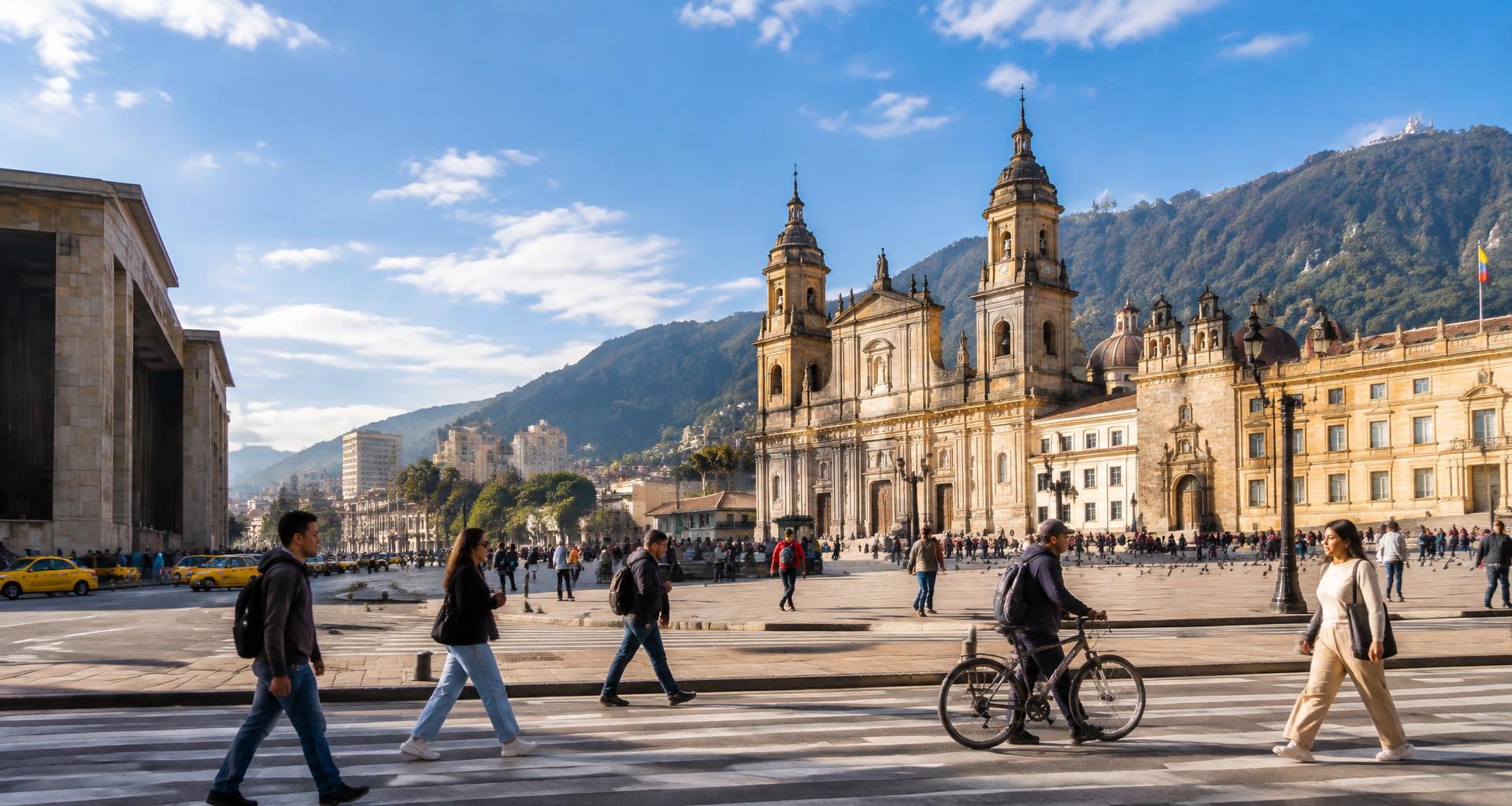 Personas caminando y una bicicleta en la Plaza de Bolívar de Bogotá, con los cerros al fondo